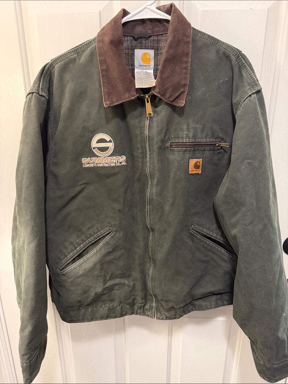 Carhartt Dark Olive Work Jacket with Brown Canvas Collar